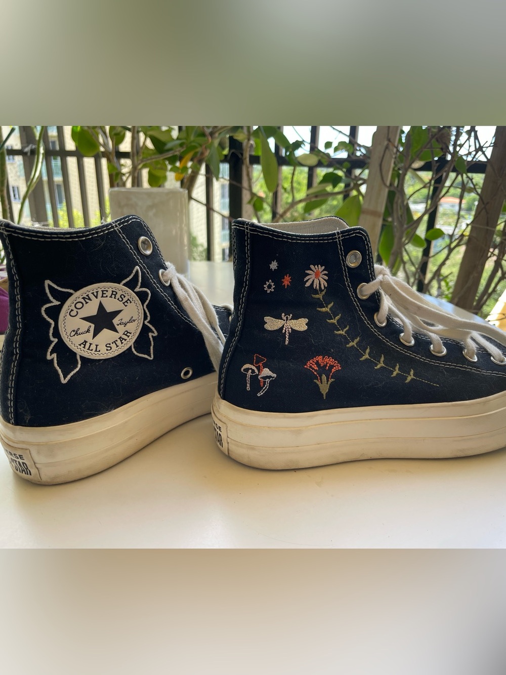 Converse Black High-Top Sneakers with Embroidered Floral and Dragonfly Accents